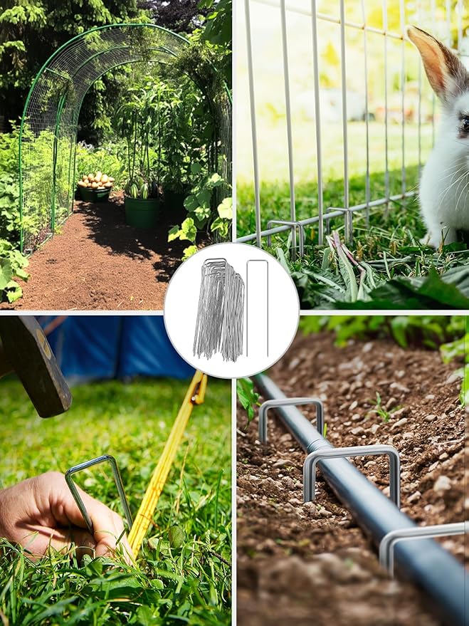 GROWNEER 4 Inch 50 Pack Landscape Staples Heavy Duty 11 Gauge Galvanized Steel Garden Stakes Staples Securing Pegs for Securing Weed Fabric Landscape Fabric Netting Ground Sheets and Fleece