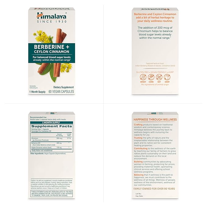 Himalaya Berberine with Ceylon Cinnamon - Herbal Supplement for Supporting Normal Metabolism, Immune, and Digestive Health - Vegan, Gluten Free, 60 Vegetarian Capsules