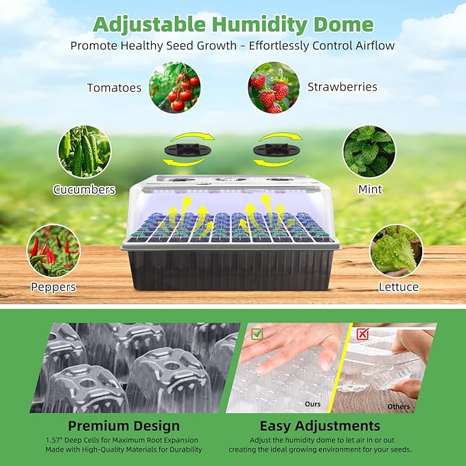 Terronix Indoor Seed Starting Kit with 60-Cell Self-Watering Tray, LED Grow Light, Timer, Humidity Dome, pH Meter for Plant Germination, Vegetables, Herbs, Flowers