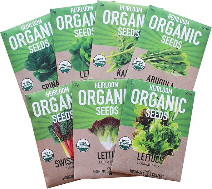 7 Leafy Power Green Organic Varieties – Non-GMO Heirloom Seeds for Planting: Spinach, Arugula, Kale, Lolla Rossa Lettuce, Buttercrunch, Gourmet Lettuce Mix, Swiss Chard
