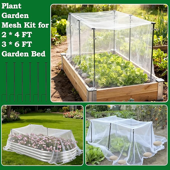 Metal Garden Netting Kit, 6 Pack 2.6ft Raised Garden Bed Net Support Stakes with 10´×13´ Fine Mesh Insect Netting 12pcs Clips Bird Barrier Screen Cover for Protect Plant Vegetable Row from Animals Bug
