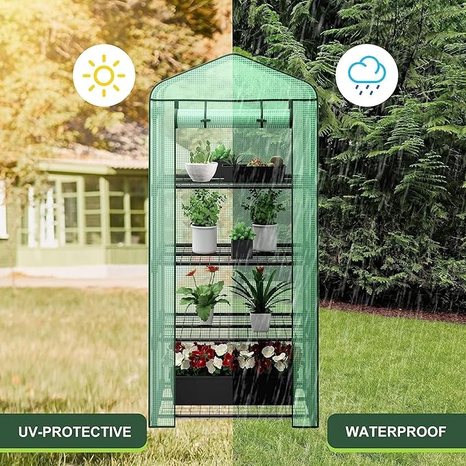 LEMY 4 Tier Mini Greenhouse Indoor Outdoor with PE Cover and Roll-Up Zipper Door,Portable Plant Green House for Seeds and Seedlings,Waterproof Shelved Tent for Patio,Garden,Balcony