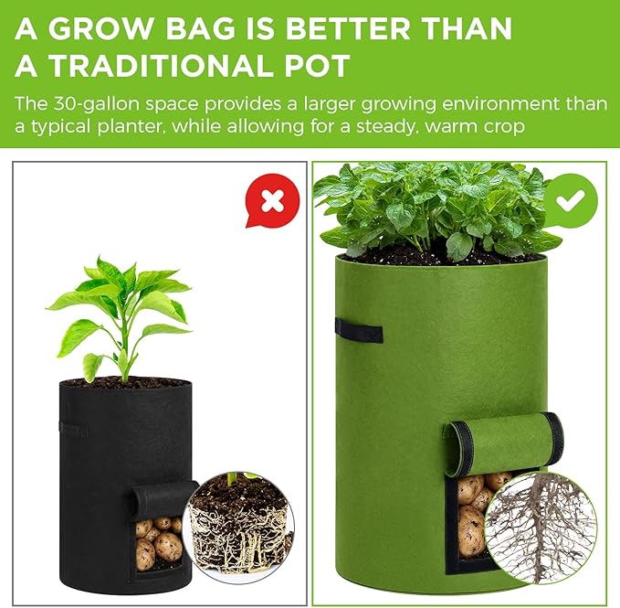 Yoojahow 2 Pack 30 Gallon Potato Grow Bags with Harvest Window, Durable Garden Planter Bags with Handles for Potatoes, Tomatoes, and Vegetables - Indoor & Outdoor Gardening Supplies (Black,Green)
