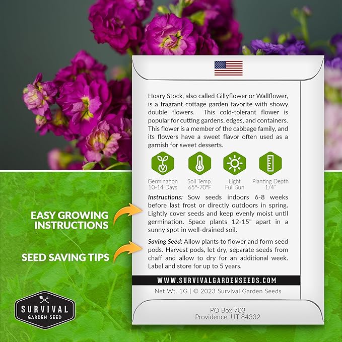 Stock Flower Seeds for Planting - Matthiola Incana Hoary Stock, Fragrant Cut Flower Garden, Vintage Harmony Mix, Non-GMO Heirloom - Survival Garden Seeds (3 Packs)