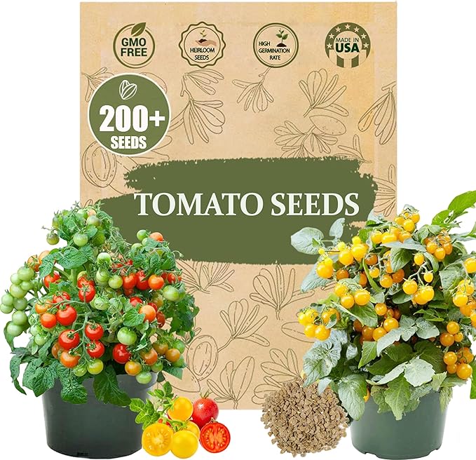 Dwarf Duo Tiny Tim Tomato Seeds - 100+ Red & 100+ Yellow Dwarf Tomato Variety, Cherry Tomato Seeds for Containers, Balcony, Patio, Pots, Indoor Outdoor Gardening, Heirloom, Non-GMO, Easy to Grow