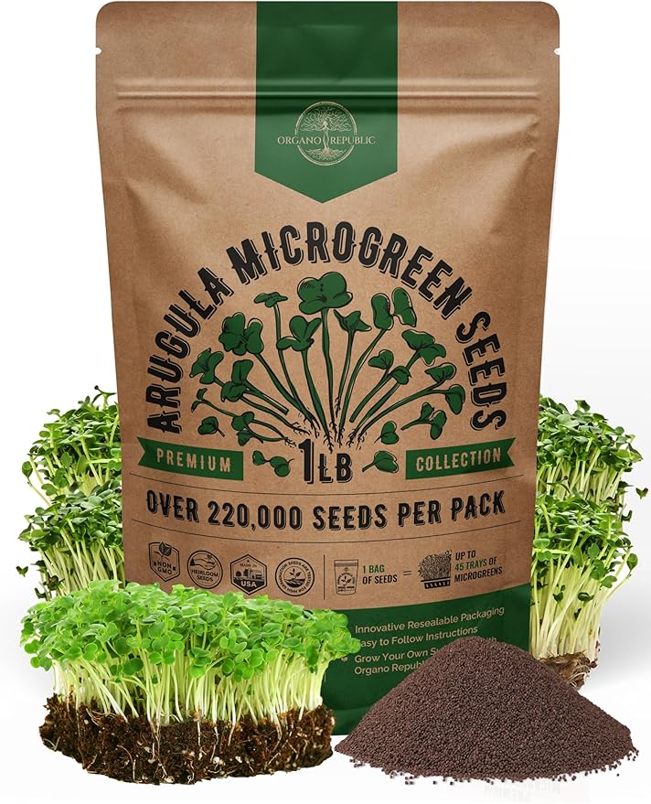 Organo Republic Arugula Sprouting & Microgreens Seeds - Non-GMO, Heirloom Sprout Seeds Kit, 1lb Resealable Bag for & Growing Microgreens in Soil, Coconut Coir, Aerogarden & Hydroponic System.