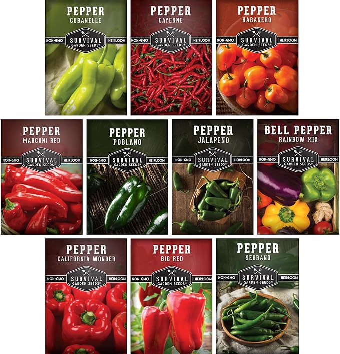 10 Pepper Seed Packs for Planting | Jalapeño, Serrano, Cayenne, Bell, Habanero, Poblano & More – Hot & Sweet Heirloom Non-GMO Peppers Collection – Survival Garden Seeds