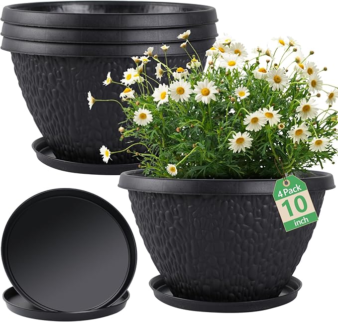 4 Pack 10 inch Plant Pots for Outdoor Indoor, Durable Flower Pots with Drainage, Indoor Outdoor Planters for Herbs Flowers Small Trees (Black Pebbles Design)