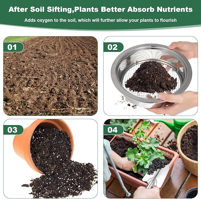 7 Pcs Soil Sifter Set Stainless Steel Riddle Sieve Set for Gardening with 5 Sizes 7.68" Diameter 1/3/6/9/12mm Interchangeable Meshes - Garden Potting Sieves with Shovel - Planting Soil Sifters Strains