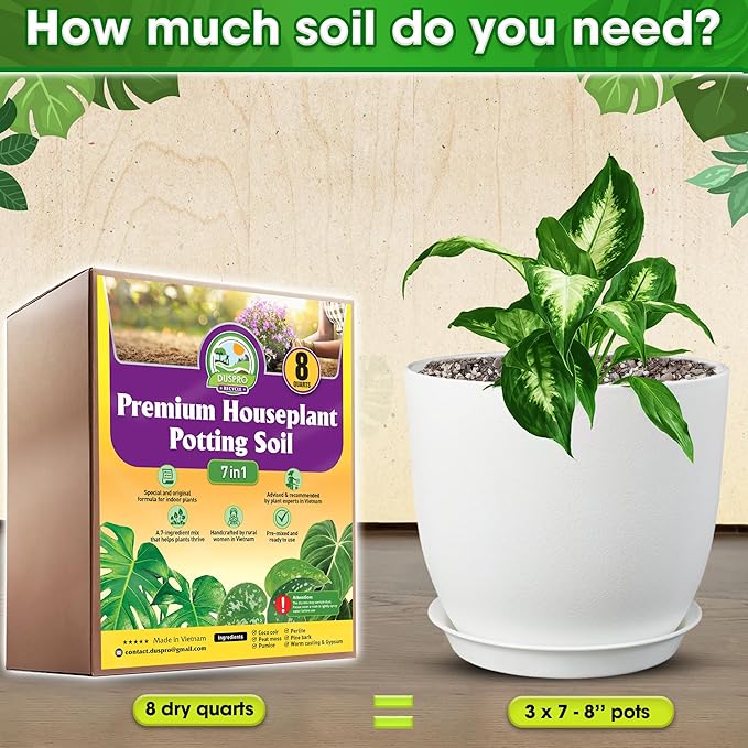 DUSPRO Recycle 8QRT Pre-Mixed House Plant Soil Aroid Potting Mix 7-in-1 with Coco Coir, Peat Moss, Perlite, Worm Casting, Pumice, Pine Bark & Gypsum, Tropical Potting Mix for Indoor Plants, Herbs