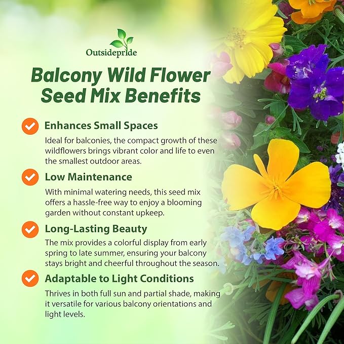 Outsidepride Balcony Wild Flower Seed Mix - 10,000 Seeds, Windowsill-Friendly Annual & Perennial Flower Seeds for Small Spaces, Easy-to-Grow Variety, Ideal for Balcony Gardens & Urban Flower Beds