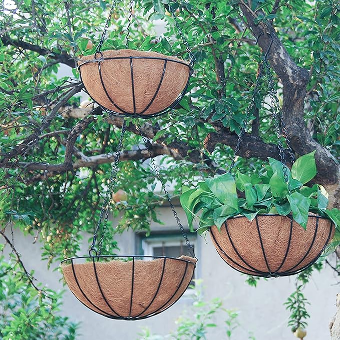 EIMQUVW Hanging Planters Basket Set of 3 Hanging Flower Pots 10 Inch Chain Round Wire Plant Holder with Coco Coir Liner Garden Watering Hanging Baskets for Patio Garden Outdoor1
