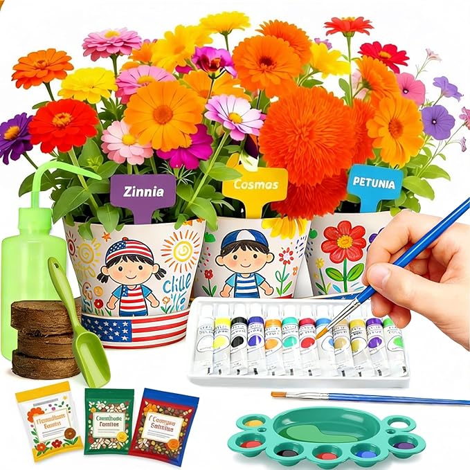 Paint & Plant Flower Growing Gardening Kit with 3 Pots for Kidz - Gardening Tools Set Easter Gifts for Girlz & Boyz Agez 5, 6, 7, 8, 9, 10, 11 & 12 Yearz Old Girlz