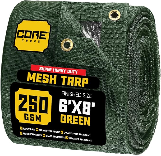Core Tarps 60% Green Shade Cloth with Grommets - 6 X 8 FT Heavy Duty Mesh Tarp - Sun Shade Cloth for Garden Vegetables Plants Greenhouse Outdoors Backyard Fences Dump Trucks Patio Mesh Shade Tarp