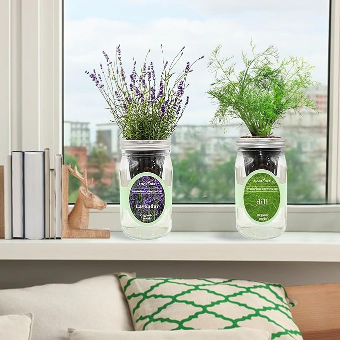 2-Pack Hydroponic Mason Jar Herb Garden Kit, Indoor Herb Garden Self-Watering Starter Kit, New Christmas Gift for Mom (Lavender,Rosemary)