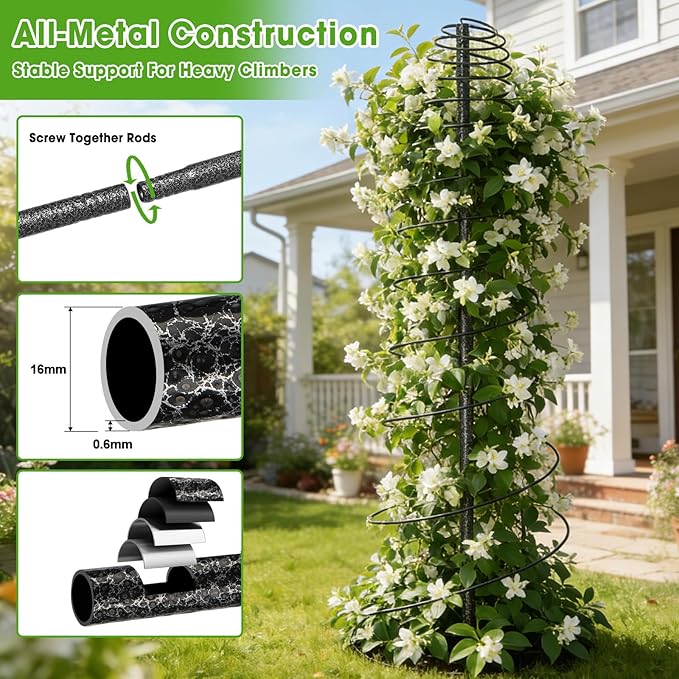 Trellis for Climbing Plants, 2PCs 45” Metal Spiral Frame Pea Trellis with Center Pole, Adjustable Vine Plant Tower Supports for Outdoor Beans,Cucumbers,Vegetable,Flowers,Pots,Garden Raised Bed,12” Dia
