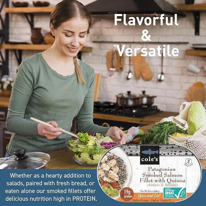 COLE’S - Patagonian Smoked Salmon Fillet with Quinoa| Ready to Eat Meal | 5.6 oz Hand-Packed Canned Fish | 19g Protein | High in Vitamin D | 1 Unit