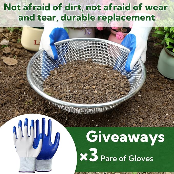 3PCS Soil Sifter for Gardening, Rock Sifter for 5 Gallon Bucket, Compost Dirt Sieve Set with Gloves – Filters Soil, Sawdust, Pebbles, Debris