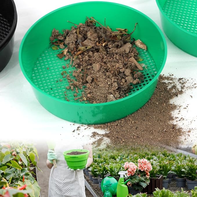 4 Pack Garden Soil Compost Sifter, Rock Garden Sieve, Plastic Sifting Pan Set for Home Plant Work with Small Gravel and Sand