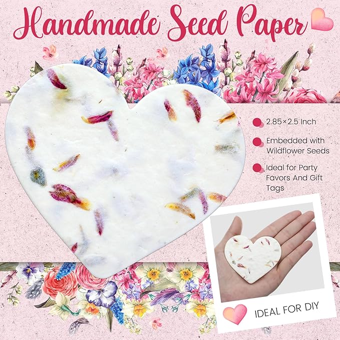 50 Pcs Handmade Seed Paper Plantable Wildflower Seed Paper Recycled Flower Petals Tags Wedding Favors for Guests Craft Gifts Cards for Envelope Birthday Party, 5 Styles (Heart)