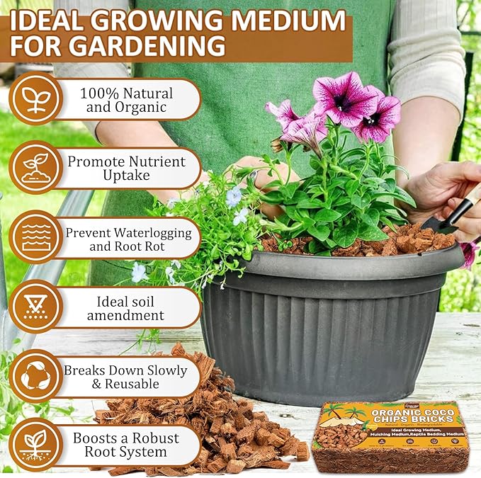 Legigo 10 Pack Coco Coir Chips for Plants- 11 LB 100% Organic Coconut Chips Brick Potting Mix with Low EC & PH Balance, Coconut Husk Substrate Coco Husk Mulch for Garden, Planting, Orchid and Soil Mix