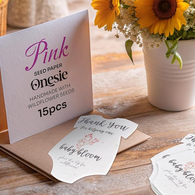 Seed Bloom Onesie Seed Paper – 15 Pink Shower Favors for Guests with Wildflower Seeds, Writable & Plantable, Shower Favor Gifts for Guest