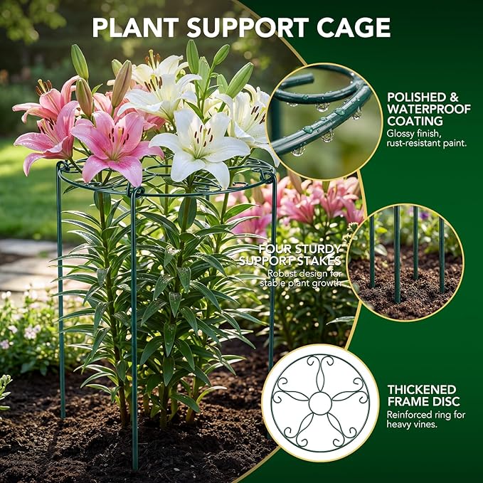 6 Pack 16 x 30 Inch Peony Cages and Supports, 16" D x 30" H Grow Through Plant Support Grid Brace for Outdoor Plants Flower, Metal Peony Stake Peony Ring Hoops Frame Support for Rose Tomato Vegetables