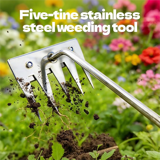 2Pcs Weed Puller Tool, 2026 Portable Manual Weeding Tools Gardening, 5 Teeth Head Stainless Steel Hand Garden Weeding Rake, Weed Remover Tool for Gardening Backyard Yard Farm Planting Weeding