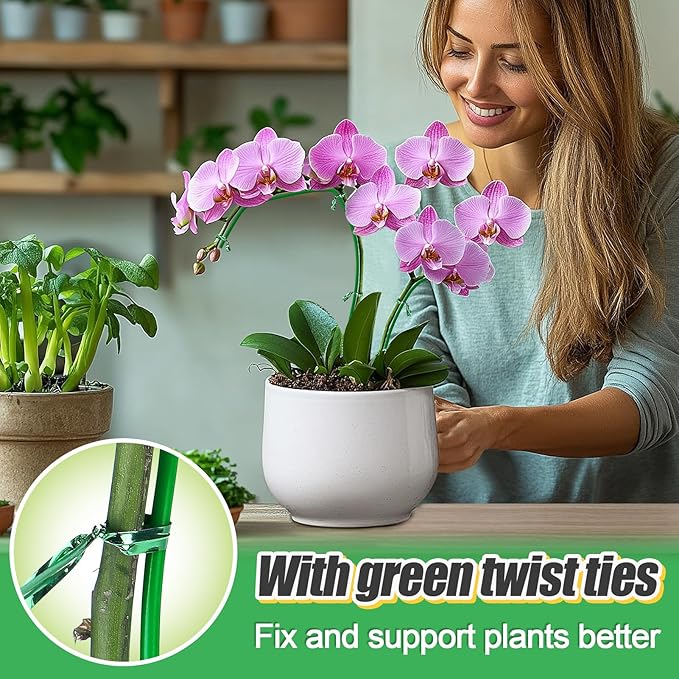 16ft Bendable & Cuttable Plant Stakes, Green Orchid Flower Stem Support Sticks with 800 Ties for Monsteras Money Trees Indoor Potted Plants Beans