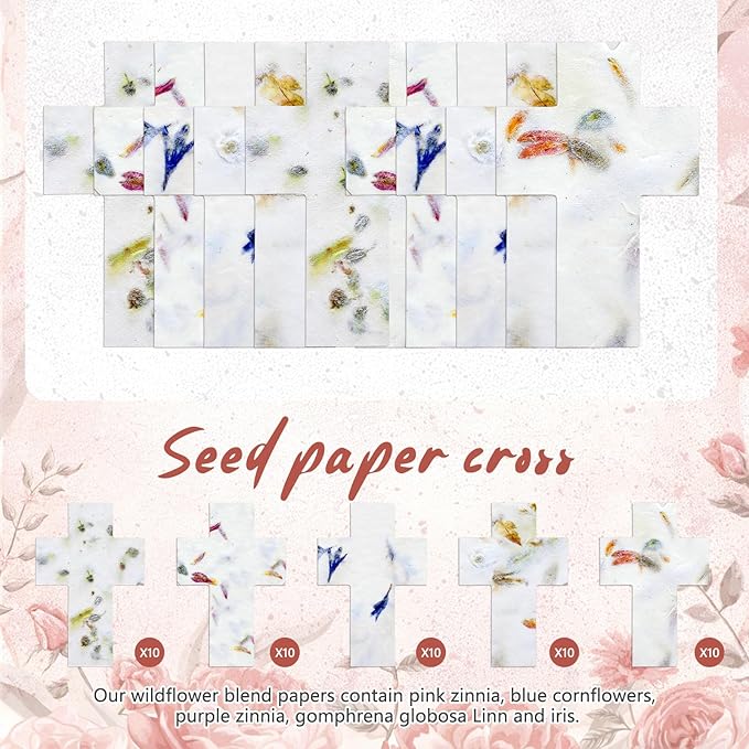 50 Pcs Handmade Seed Paper Plantable Wildflower Seed Paper Recycled Flower Petals Tags Wedding Favors for Guests Craft Gifts Cards for Envelope Birthday Party, 5 Styles (Cross)