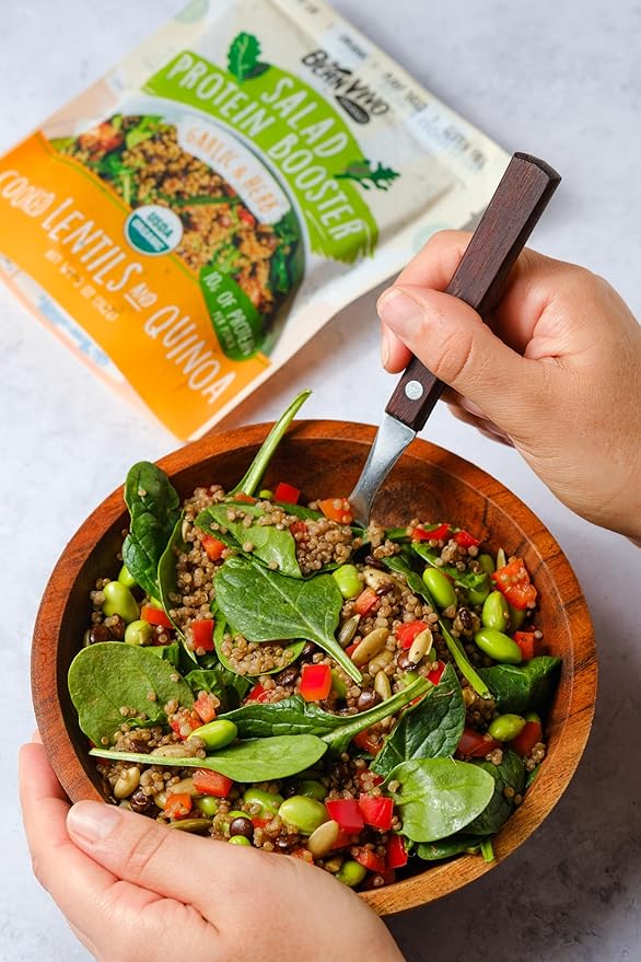 BeanVIVO 3-Pack Salad Protein Booster - Organic cooked Lentils & Quinoa with Garlic & Herbs, delivering a burst of taste and 10g of protein-packed goodness in every pouch 5oz