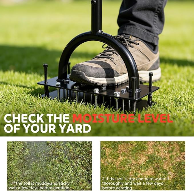 Lawn Aerator Tool, 16 Iron Spikes Manual Grass Aerator Lawn Tool with Spring-Loaded Design & Adjustable T-Handle, Automatic Leaf and Dirt Cleaning Yard Aerator for Loosening Soil Aerating Patio Garden