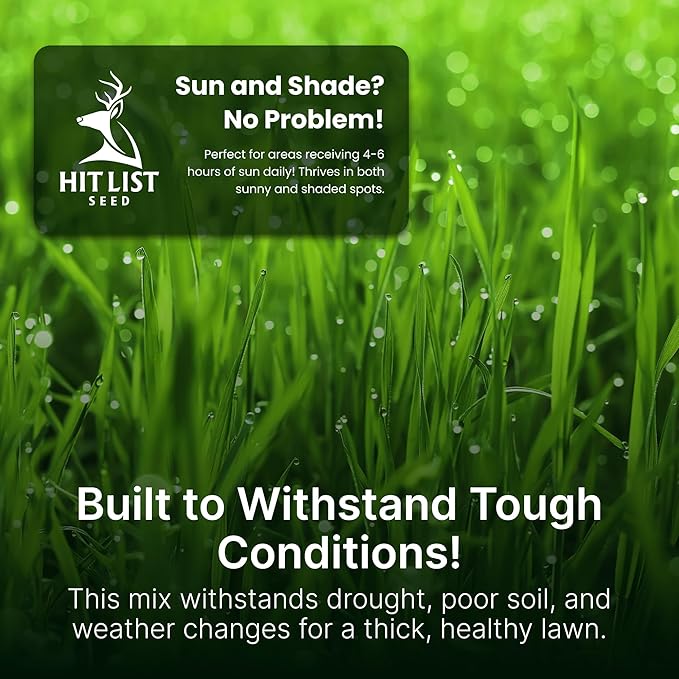 Hit List Seed Sun and Shade Tall Fescue Grass Seed Mix, Drought Resistant, Thick Lawn, Fast Germination