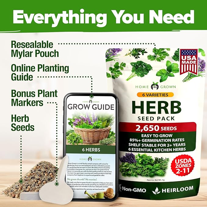 HOME GROWN 6 Herb Seeds for Planting 2,650+ Non-GMO Heirloom Seeds | Extra Large Variety Pack Herb Kit – Indoor Outdoor & Hydroponic | Culinary Seed Set | Grow Your Own Herbs | Gift for Beginners