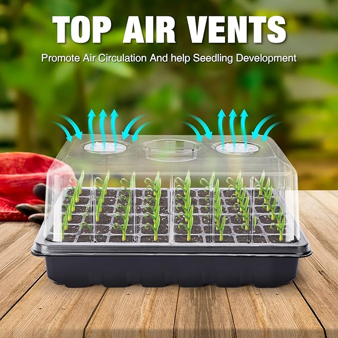 Delxo 3-Pack Seed Starter Tray Seedling Kit Tray (48 Cells) Humidity Adjustable Plant Germination Kit Garden Seed Starting Tray with Clear Dome and Black Base Plus Plant Tags Hand Tool Kit
