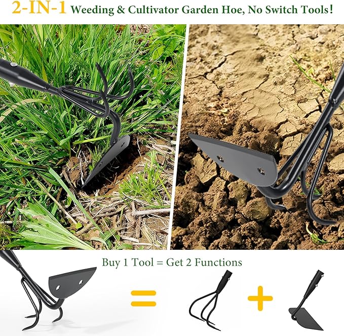 65'' Hoe and Cultivator Garden Tool - 2 in 1 Heavy Duty Garden Hoe for Weeding,Soil Loosening,Sharp Blade,Long Handle Claw 3-Tine Hand Tiller Rake for Gardening