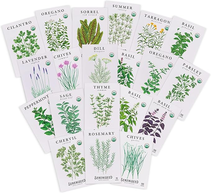 Sereniseed Certified Organic Herb Seeds (20-Pack) – Non GMO, Heirloom – Seed Starting Video – Basil, Cilantro, Oregano, Thyme, Parsley, Lavender, Chives, Sage, Dill Seeds for Indoor & Outdoor Planting