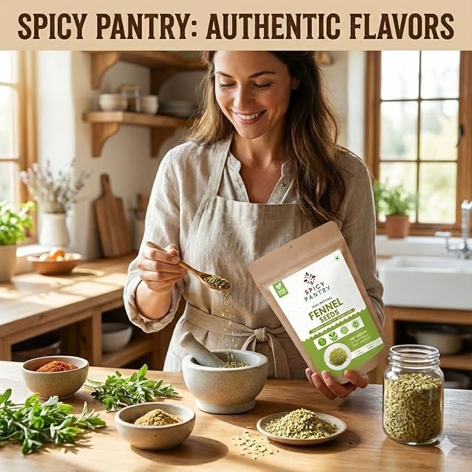 Spicy Pantry Fennel Seeds Whole - Foeniculum vulgare - 100% Natural - Resealable Bag - Great for Tea, Cooking, and Baking - 12 oz