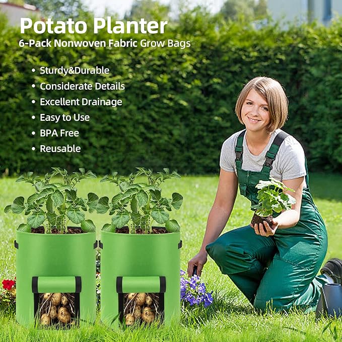 10 Gal Potato Grow Bags - Thickened Nonwoven Fabric Pots, Plant Bags with Flap for Growing Potatoes, Tomatoes, Fruits, Herbs (Light Green)