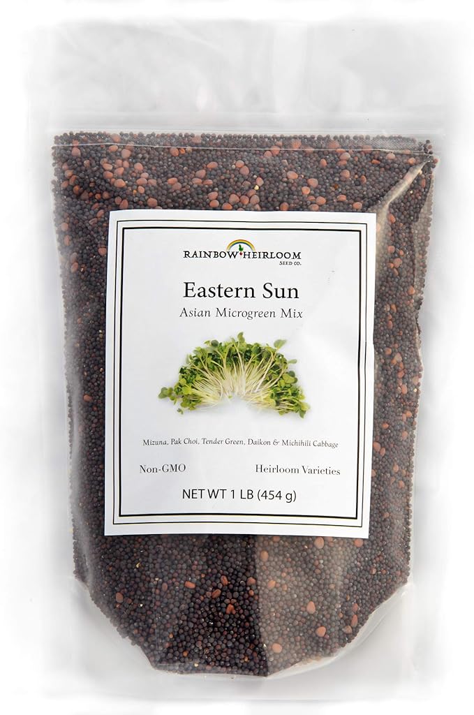 Eastern Sun Asian Microgreen Seeds Mix | Contains Mizuna, Pak Choi, Cabbage, Mustard & Radish Sprout Seeds | Non GMO Heirloom Seeds | Bulk 1 LB Resealable Bag | Rainbow Heirloom Seed Co.