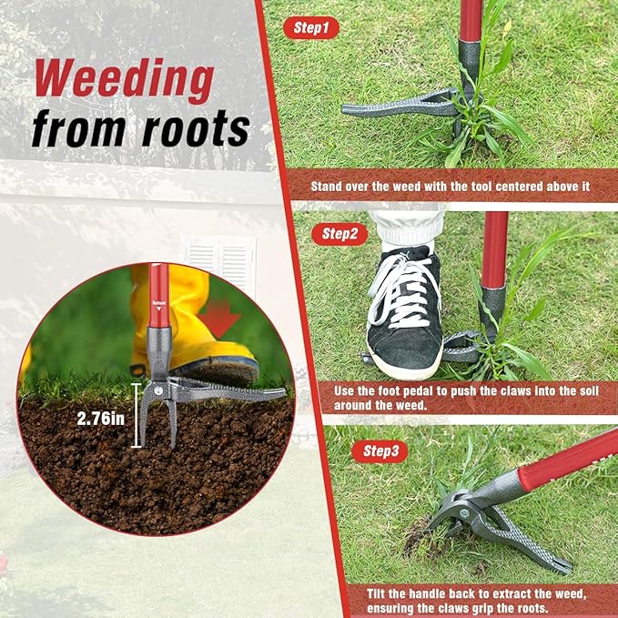 ZENHOSIT Stand Up Weed Puller Tool with 48" Long Metal Handle, 4-Claw Heavy-Duty Steel Head Weed Remove Tool for Lawn, Yard, Garden Without Bending or Kneeling
