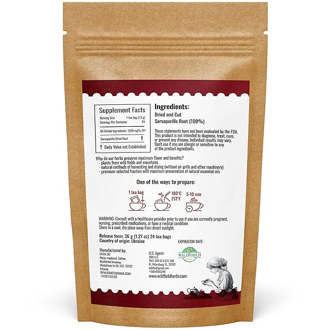 24 Bags Sarsaparilla Root Tea Herbal Tea (Smilax Glabra) - 24 Count 1.5g Sasperella Root Herb Raíz De Zarzaparella