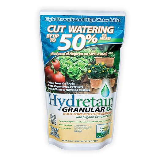 Hydretain Root Zone Moisture Manager - Drought Protection and Moisture Control for Lawns, Gardens, Containers - Reduces Watering, Delays Wilt - Covers up to 1,000 Sq Ft (3 lbs, Granule)
