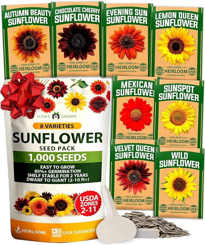 HOME GROWN Sunflower Seeds for Planting | 8 Varieties |1000+ Non-GMO Sun Flower Seeds Packets to Plant: Grow Dwarf Sunflowers, Mexican Sunflowers, Wild, Lemon Queen,Autumn Beauty,Sunspot, Velvet Queen