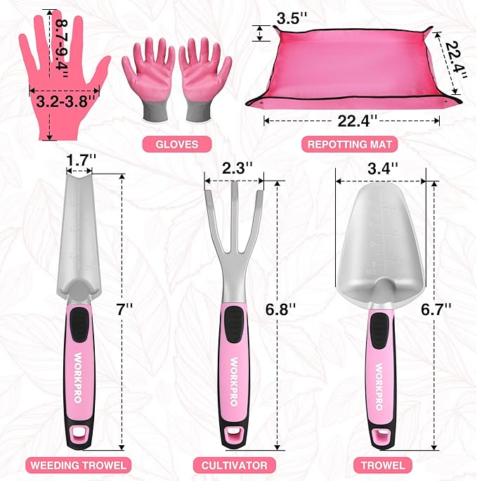 WORKPRO 5PCS Garden Tool Set, Powder Coating Compact Aluminum Gardening Tool Set with Repotting Mat, Outdoor Garden Hand Tools, Ideal Gardening Gift, Pink Ribbon