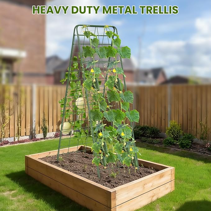 Heavy Duty A-Frame Metal Garden Trellis for Climbing Plants, 50"x17" Inch Tall Plant Support with Clips & Garden Ties for Cucumbers, Squash, Beans & Vines (1)