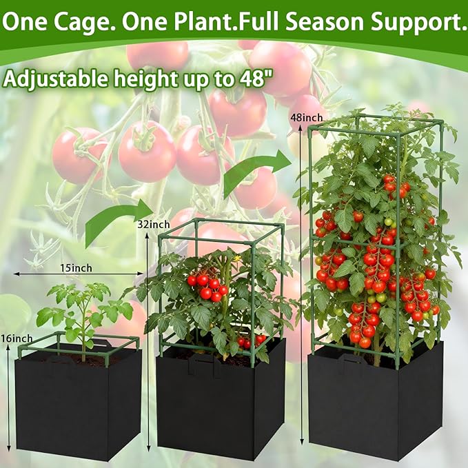 3 Pack Tomato Cages for Garden, 47in Tall Square Tomato Trellis with 15 Gallon Grow Bags, Plant Planter for Garden, Patio & Balcony, Metal Tomato Cage for Tomatoes Cucumbers Peas Climbing Plants