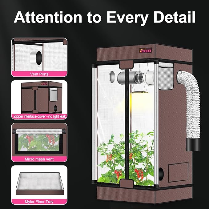 ATOUR 2x2 Grow Tent, 24"x24"x36''High Reflective Mylar 1680D Hydroponic Grow Tents, Waterproof Grow Tent with Double Cleart Observation Door and Floor Tray, for Indoor Plant Growing