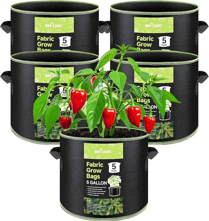 BN-LINK 5-Pack 5 Gallon Grow Bags, Heavy Duty Aeration Fabric Pots with Handles, Thickened Nonwoven Plant Bags for Vegetables, Flowers, Fruits