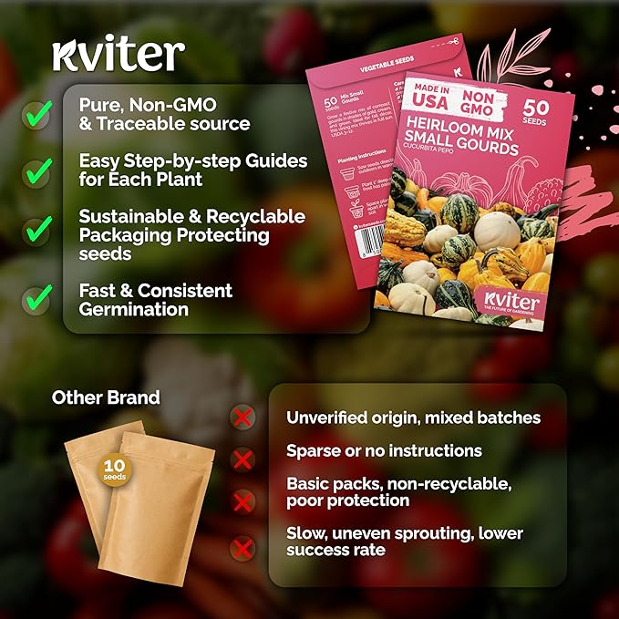 KVITER 50 Small Gourd Seeds Mix (Cucurbita Pepo) – Ornamental Fall Decor Gourds, Non GMO & Organic – Perfect Heirloom Seeds for Planting Decorative Gourds in Vegetable Garden